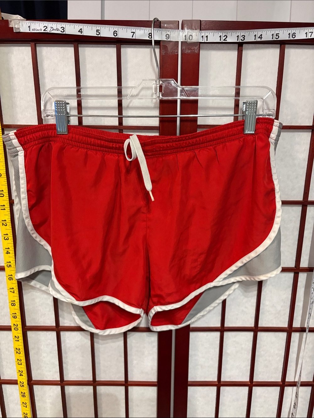 Soffe Red Athletic Shorts with White Trim and Gray Mesh Panels